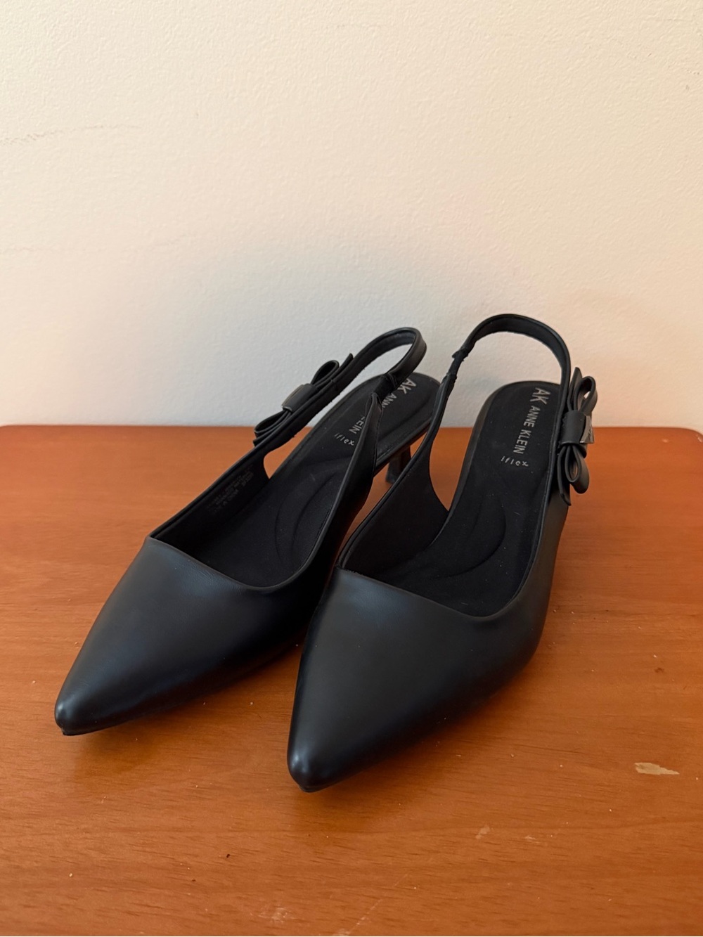 Anne Klein Black Pointed Slingback Mules with Bow Accent